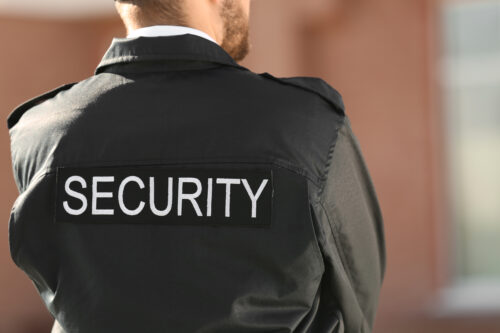 Male security guard outdoors, back view