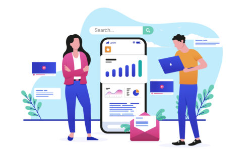 Online marketing work - Two people working with business web presence, analysing results. Flat design vector illustration with white background